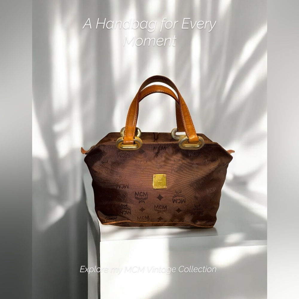 MCM Brown Visetos Small Nylon with Tan Leather Trim Handmade Tote Rare GUC